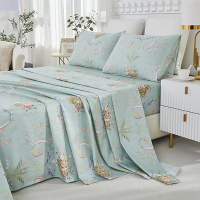 Ensemble de literie 4 pièces 800 fils 100 % coton égyptien (1 drap-housse + 1 drap plat + 2 taies d'oreiller, sans garniture), motif floral vintage luxueux, doux, respirant et agréable au toucher, idéal pour la chambre à coucher, la chambre d'amis ou le dortoir étudiant, en toutes saisons.