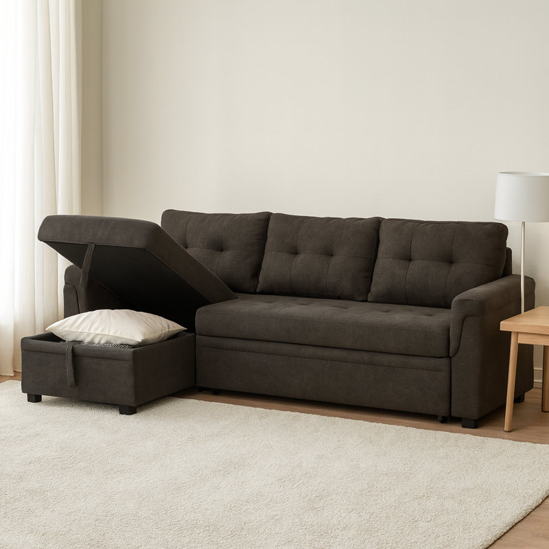 Gadalia Modern L-Shaped Sectional Sleeper Sofa with Storage Chaise, Pull-Out Bed Design – Reversible Velvet Couch for Small Spaces