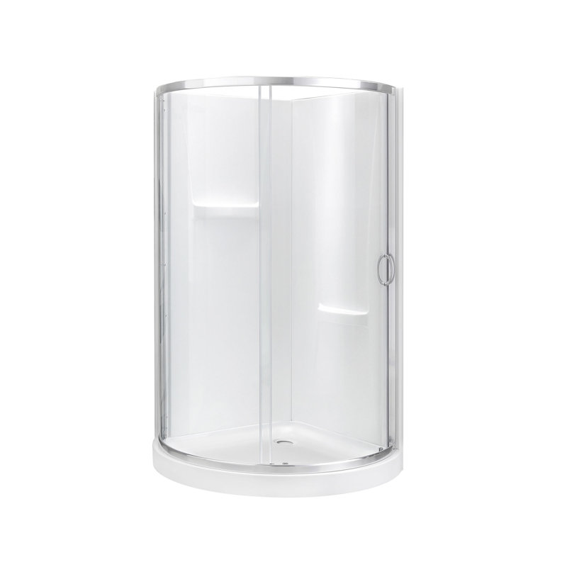 Ensemble de douche d'angle arrondi Breeze 89 cm L x 89 cm l x 196 cm H, fini nickel satiné, porte coulissante transparente, parois et receveur