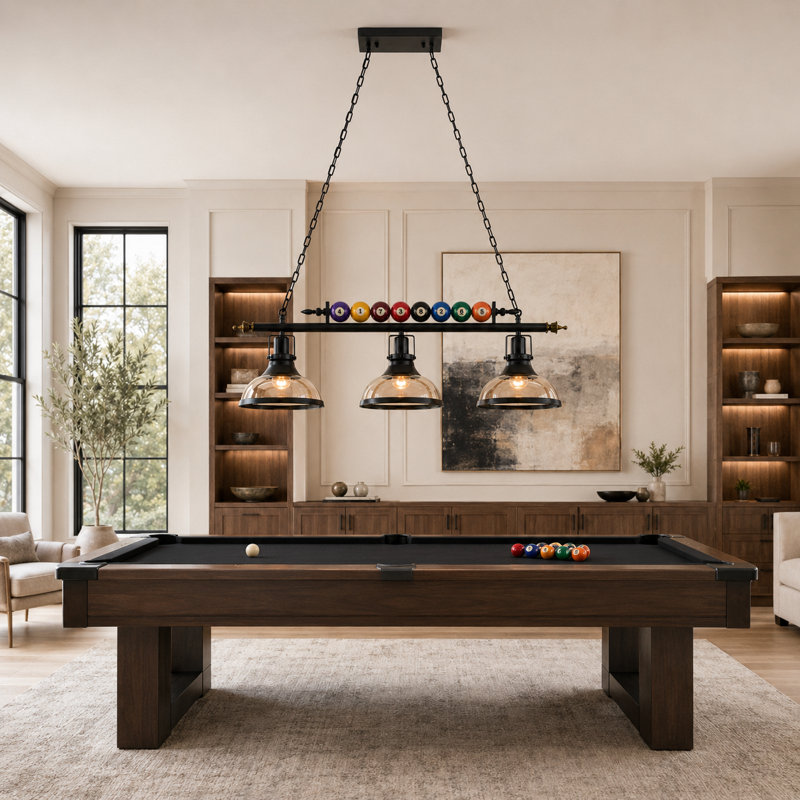 3 - Light Industrial Billiard Ball Dimmable Linear Chandelier with Amber Glass Shades