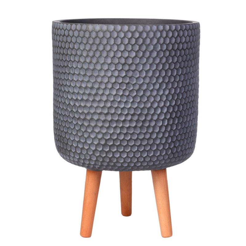 Concrete Effect Cylinder Round Planter on Hardwood Legs, Round Indoor Plant Pot Stand for Indoor Plants, Indoor Flower Pot with Honeycomb Pattern