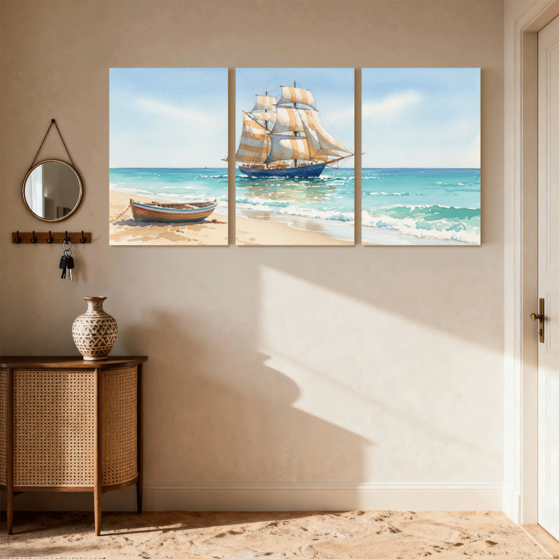Nautique et plage, voilier sur la plage avec voiles rayées et petit bateau, ensemble de 3 impressions sur toile