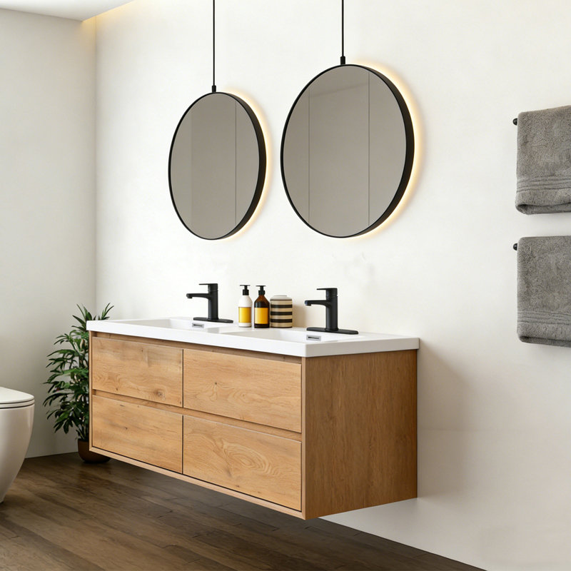 Meuble-lavabo mural moderne avec tiroirs flottants, 60"