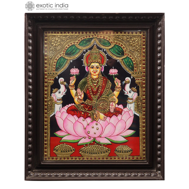 Gajalakshmi assis sur un lotus | Peinture encadrée de Tanjore