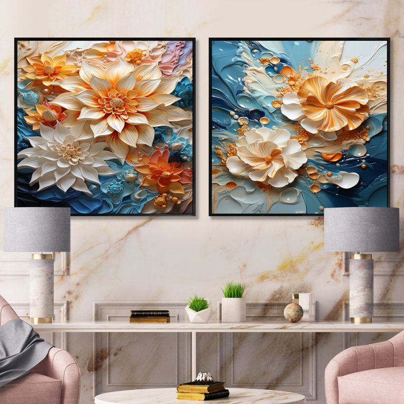 Tourbillon botanique orange et bleu sarcelle - ensemble de collages carrés abstraits, Cadre flottant noir, H 30 po x l 61 po