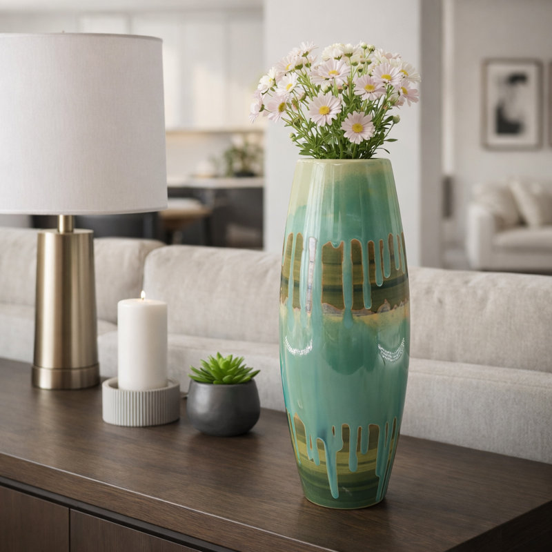 Handcrafted Pottery and Metal Decorative Vase with Textured Detailing, 18" H x 7" W x 7" D