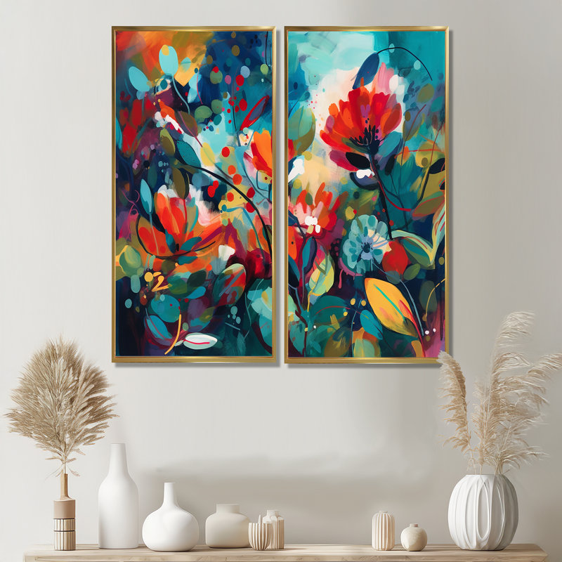 «Red Vibrant Garden Symphony I», art mural floral grand, 40" H x 40" W, Impression encadrée flottante, Gold