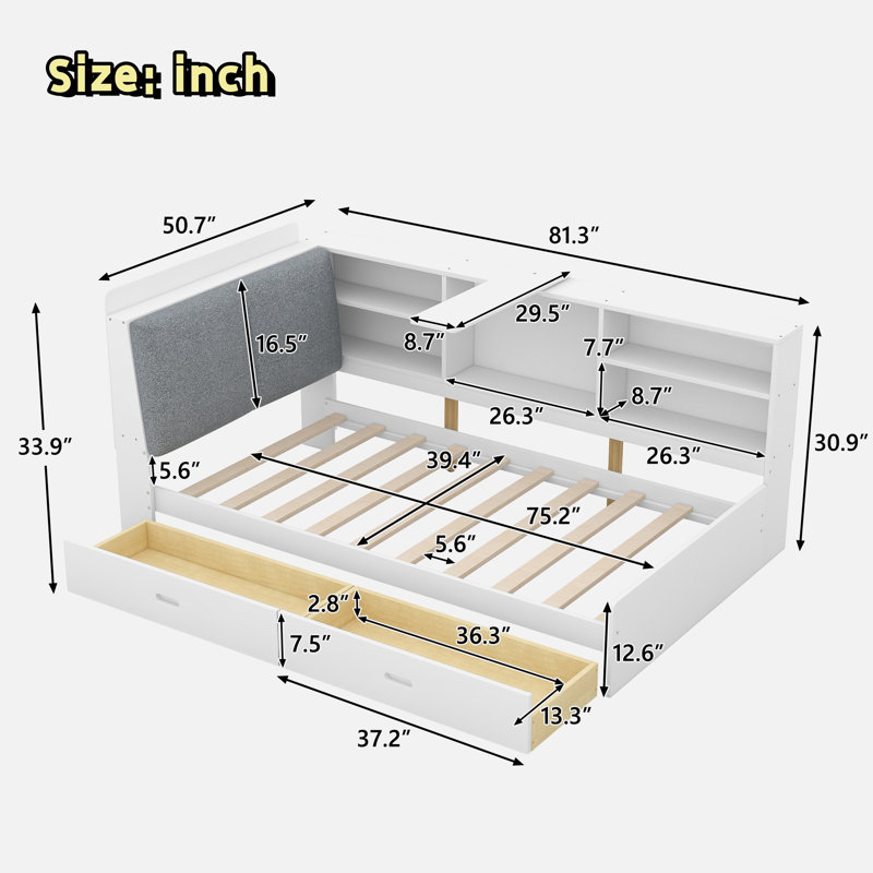 Platform Bed With Upholstered And Storage Headboard, Rotatable Board, Storage Shelves And 2 Drawers, White