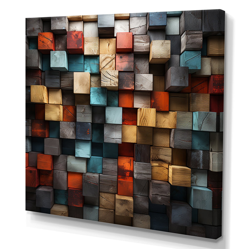 «Blue and Red Abstract Cubes IV - Abstract Cubism», reproduction d'art murale, H 16 po x l 16 po x P 1 po, Toile tendue