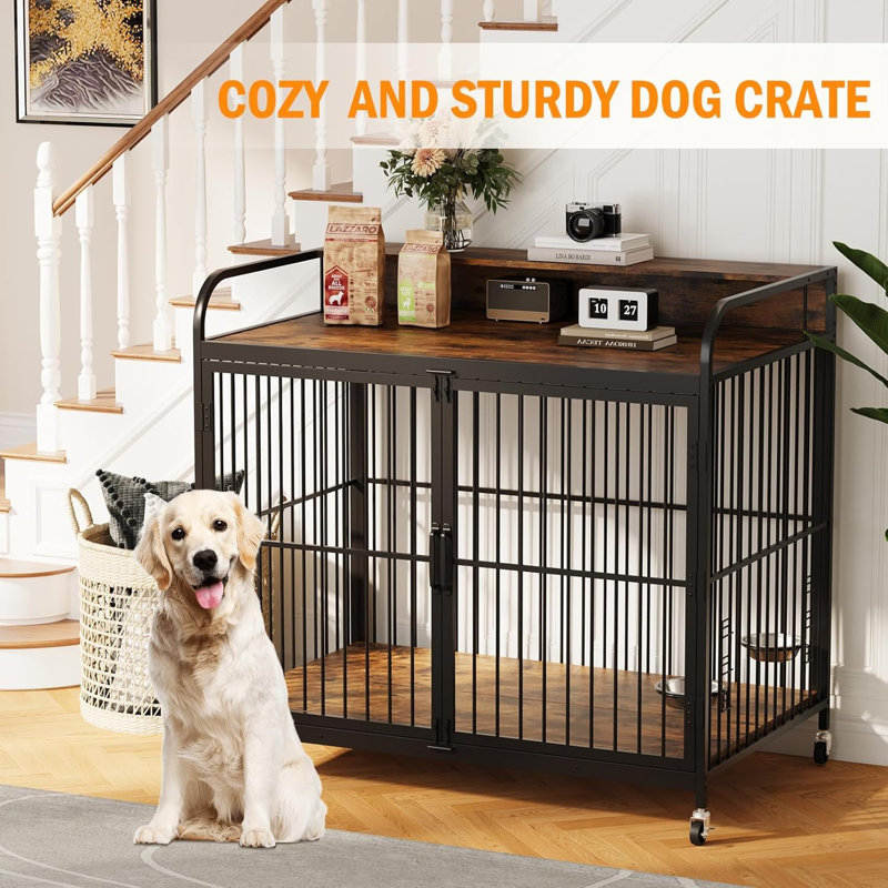 Cage pour chien 39,8 po avec roulettes à 360 ° et mangeoire réglable - chenil d'intérieur en bois et table de bout latérale pour grands chiens de taille moyenne, enclos mobile pour animaux