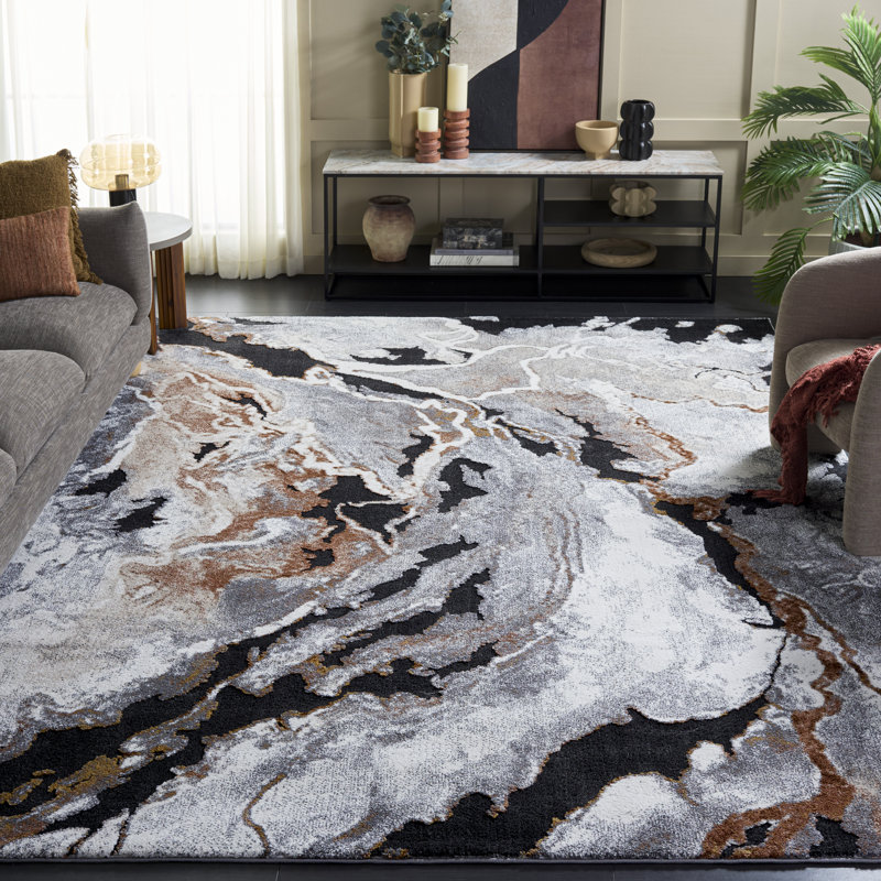 Tapis à poils longs Cyrus 121 gris foncé / orange, Carré 6 pi 7 po
