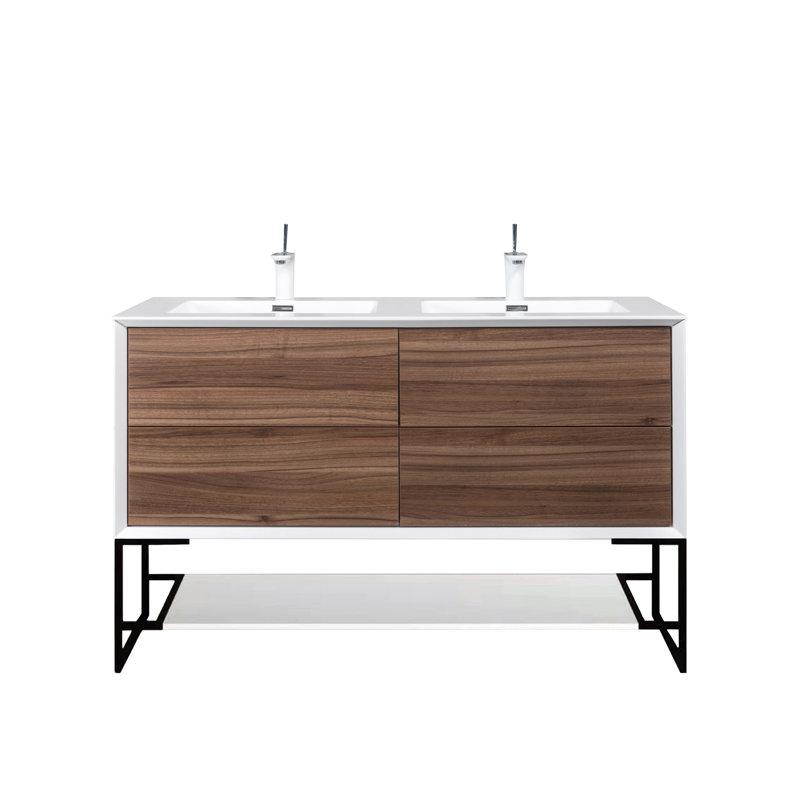 Danyall 48 po L x 21 po P 4 tiroirs Meuble-lavabo autoportant avec évier double et Comptoir en Céramique