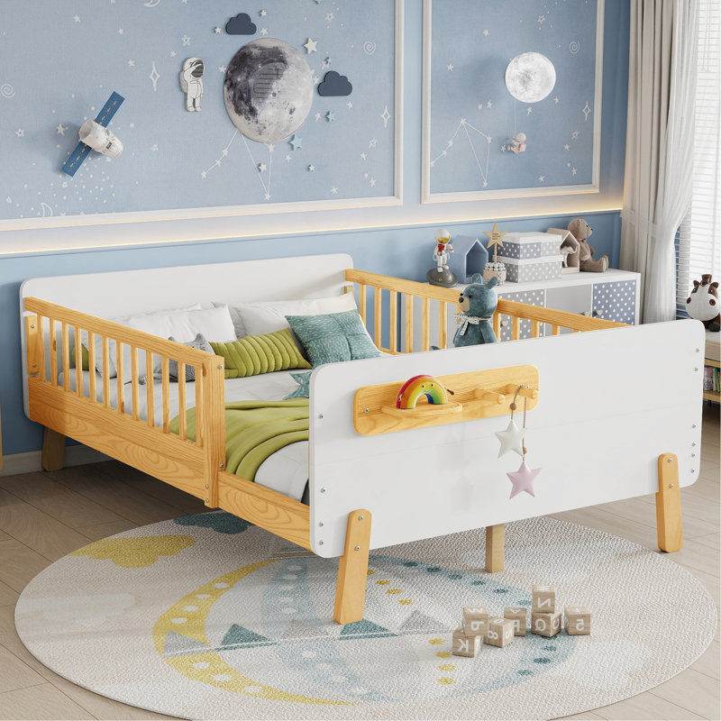 Lit double pour enfants, lit plateforme double en bois avec tête et pied de lit, Lit double,  Blanc