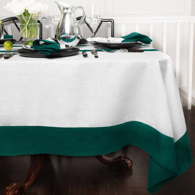 Contempo - 100% Pure Linen Tablecloth, 108" x 60", Rainforest/White