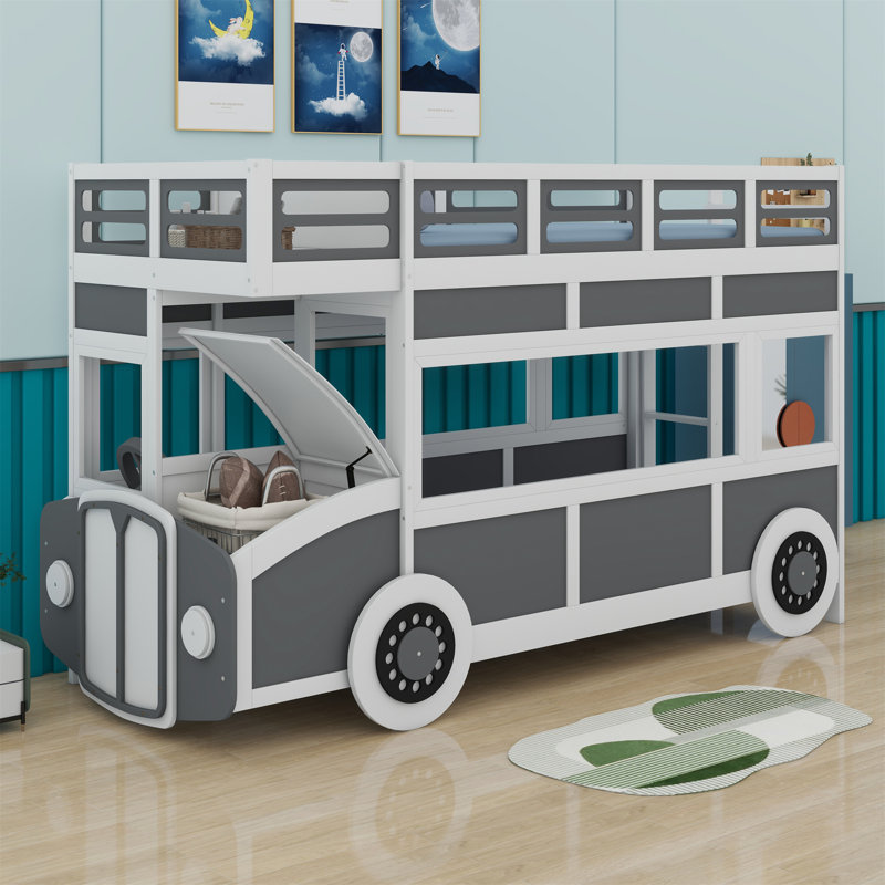 Lit superposé en forme de bus avec roues décoratives et rangement