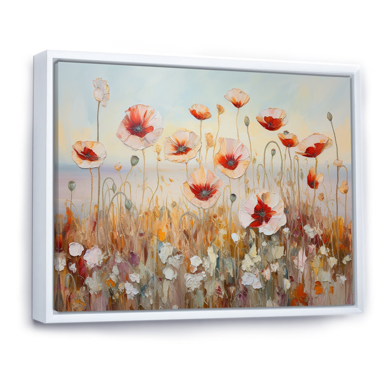 Champ de coquelicots rouges et dorés - impressions de toiles de coquelicots, Cadre flottant blanc, 34" H x 44" W