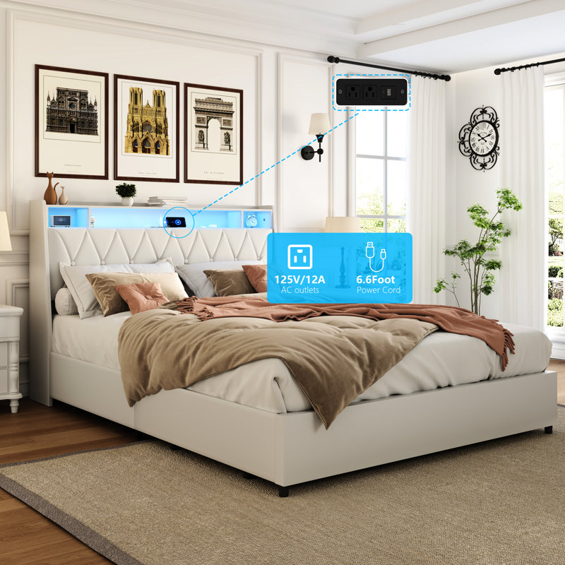 Structure de lit grand format en métal blanc avec tête de lit ergonomique, prises de recharge et aucun sommier pour cadre de chambre à coucher confortable, métal, similicuir, tablette de rangement