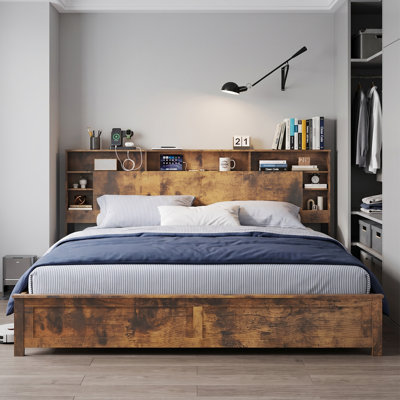 Cadre de lit plateforme en bois de style industriel avec tête de lit bibliothèque de rangement, éclairage DEL tactile et borne de recharge USB et de type C