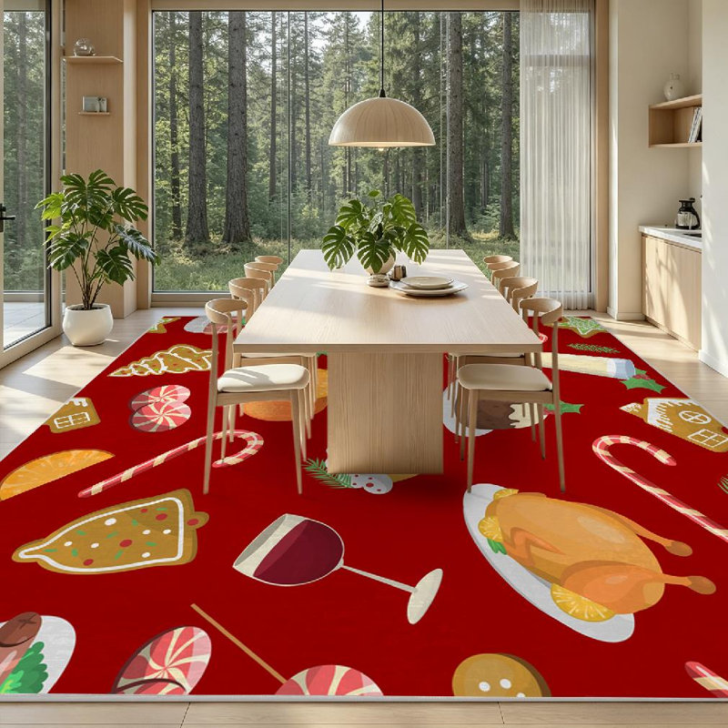 Tapis intérieur rouge lavable à la machine, motif traditionnel de Noël et de nourriture,, Rectangle 71 po x 98 po