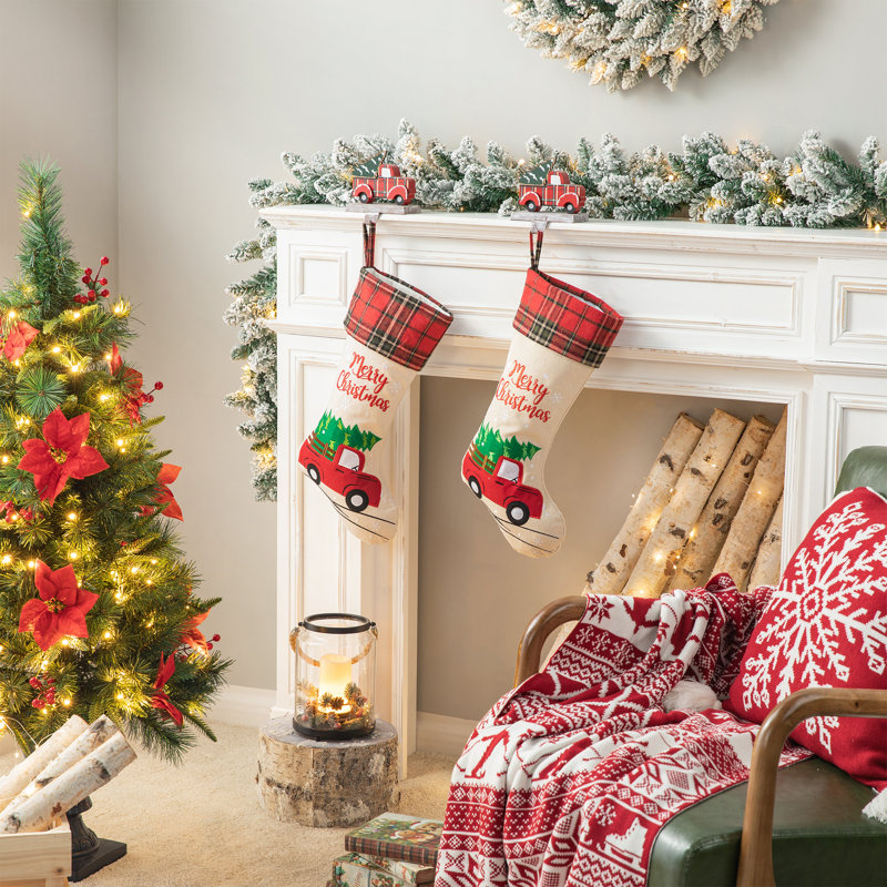 Ensemble de 2 chaussettes de Noël en lin brodé L 21 po - Camion rouge