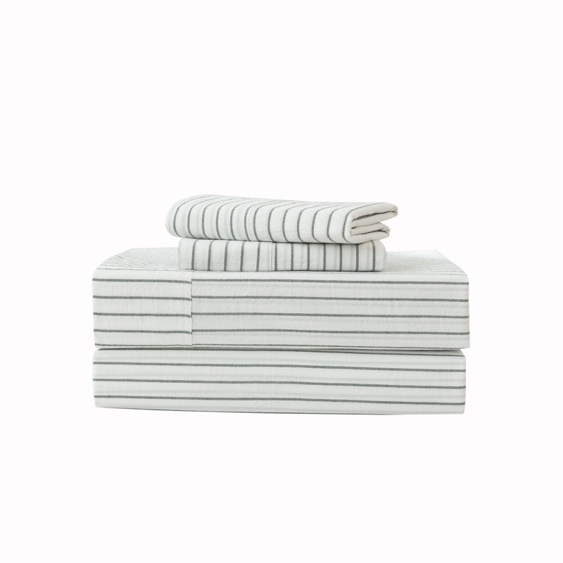 MooMee Striped Sheet Set 100% Washed Cotton Linen Like Textured Breathable Lightweight, King Sheet Set with 2 Pillowcases