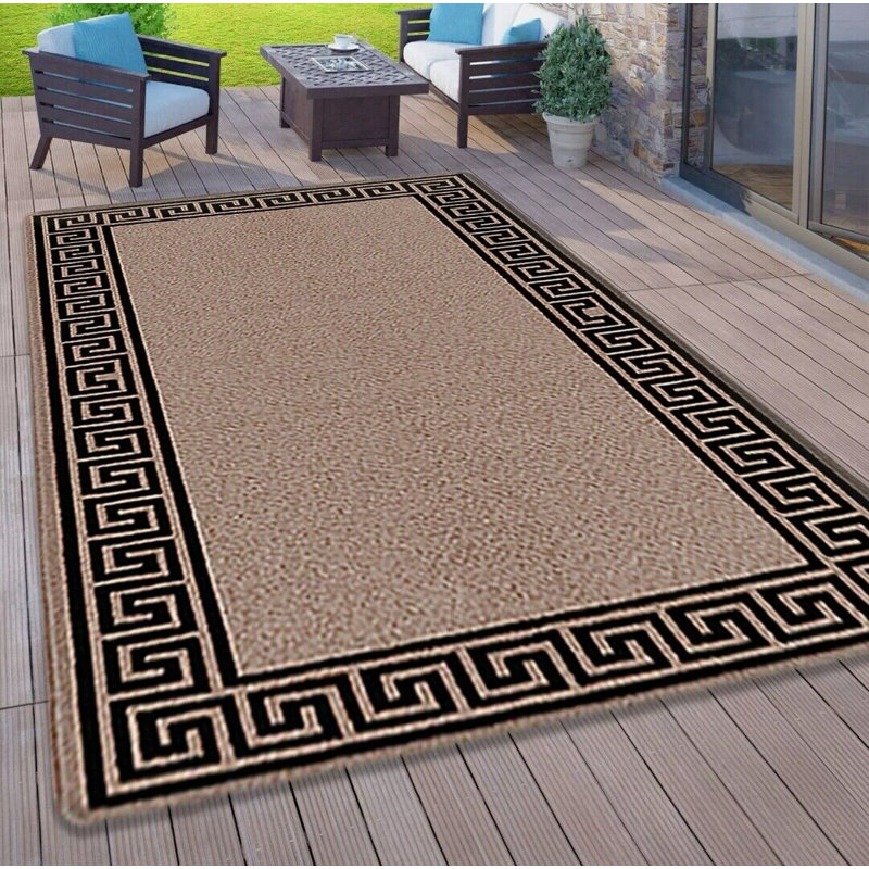 Plain Rug with Greek key Bordered Gel backed Rug Ameah Beige/Black Rug, Rectangle 66 x 120cm
