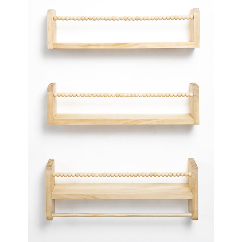Natural Wood Nursery Floating Shelves Set of 3 with Towel Bar 23in Wall Mounted Organiser for Child's Room, Books & Toy Storage Safe Kids Shelves (white)