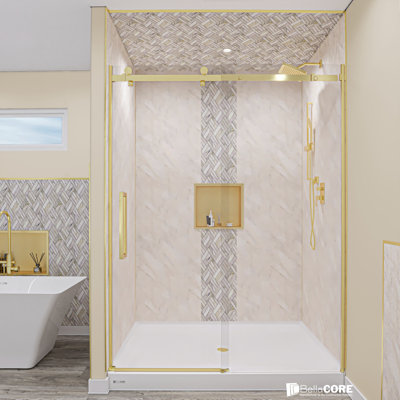 CLASSIC CHAMPAGNE 3 WALL SHOWER SURROUND KIT WITH BRUSHED GOLD TRIM AND REAGAN DESIGN PANEL FOR UP TO 48X48X48X96H