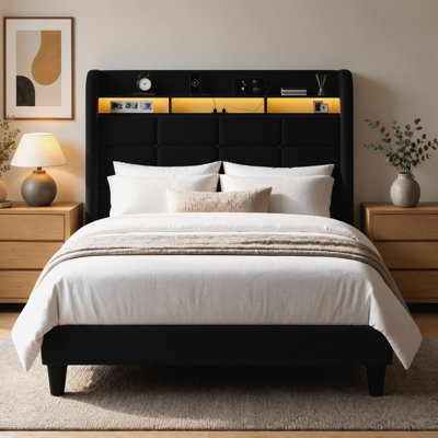 Upholstered Platform Bed with Adjustable LED Light Headboard, Built-In Charging Ports, Side Storage Pockets, Queen Size, No Box Spring Needed