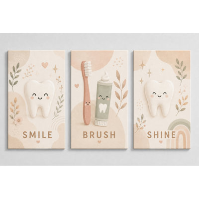 Large Set of 3 Neutral Boho Dental Wall Art Canvas Prints Minimalist Toothbrush Toothpaste Bathroom Decor Nursery Dentist Office 16x24 Inch Canvas Print - Ready to hang