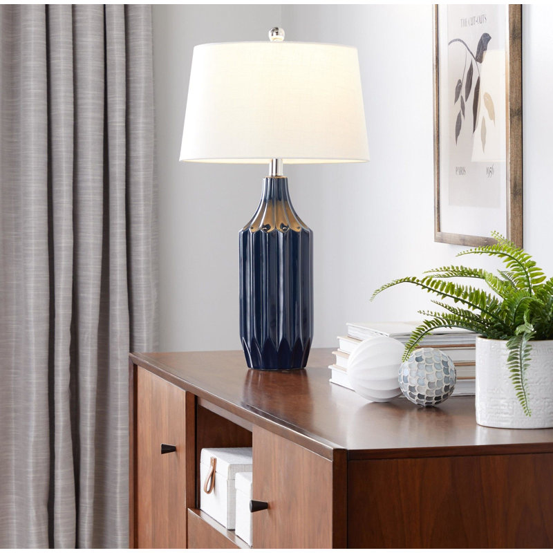 Lampe de table 23 po contemporaine en céramique bleu foncé lustré avec abat-jour blanc