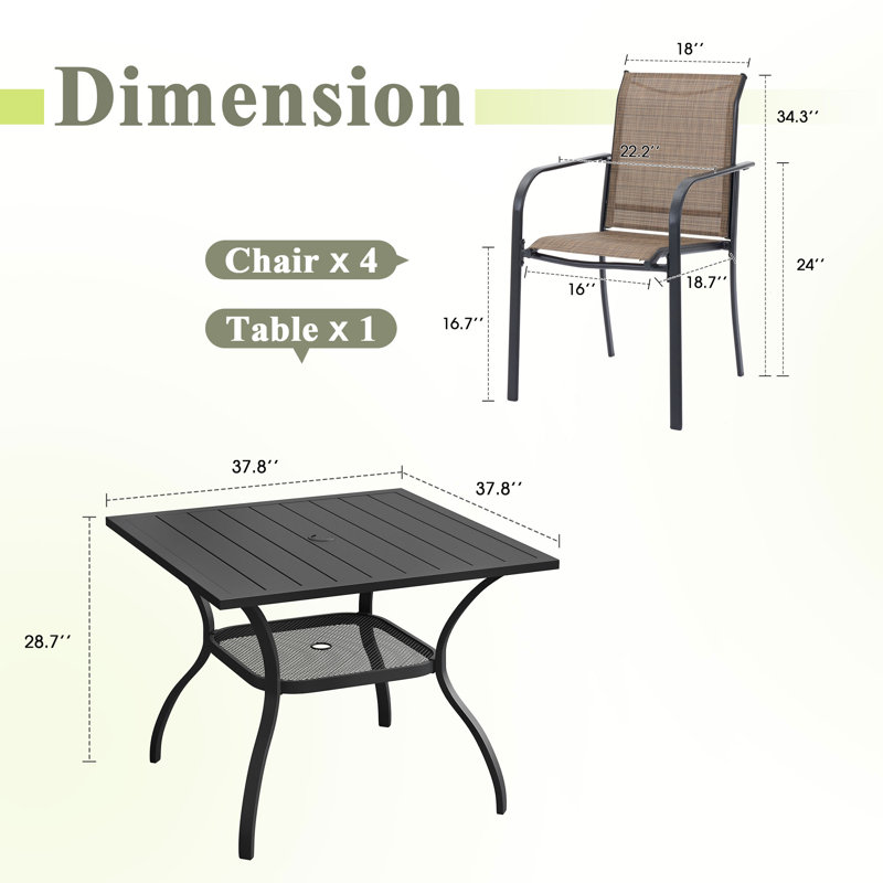 Ensemble de salle à manger de patio pour 4 personnes avec chaises empilables PVC-coated polyester, Brun / Noir