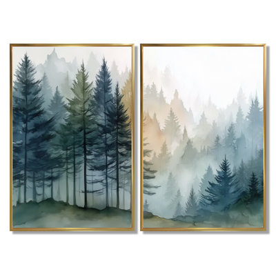 «Morning Fog Pine Tree Mountain Trail - Art sur toile de pin, art mural bleu nature 2 pièces