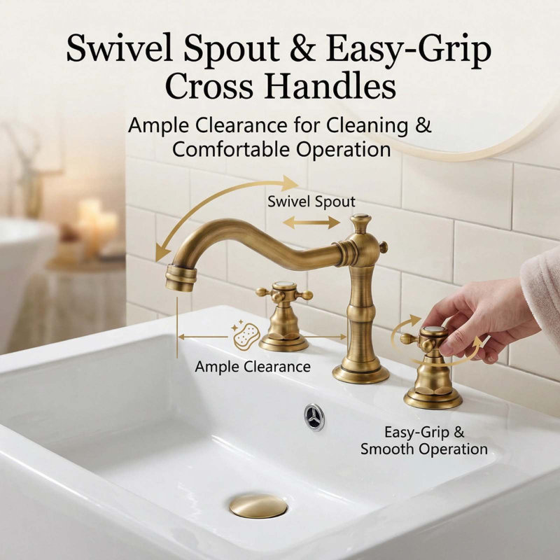 Farmhouse 8 In. Widespread Double Handle Bathroom Faucet 3-Holes With Pop-Up Drain Assembly , Antique Brass