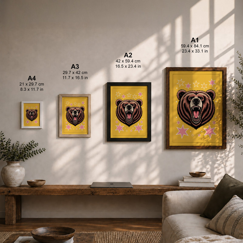 Bear Among Stars Geometric - Framed Print, Black, A4 - 29.7 x 21.0 cm