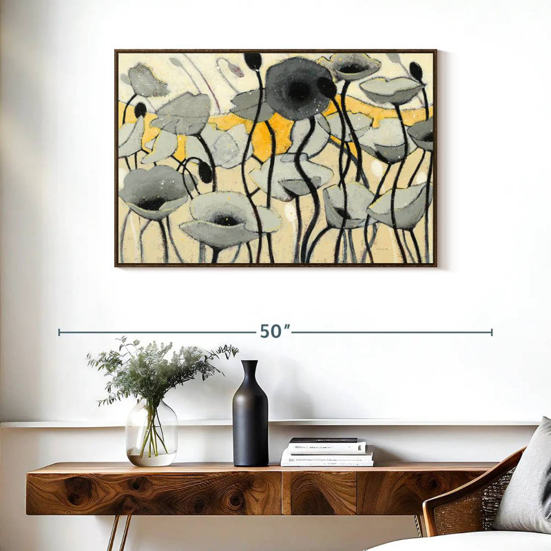 Fleur de jour de neige gris, 37 po x 25 po, Cadre flottant en noyer