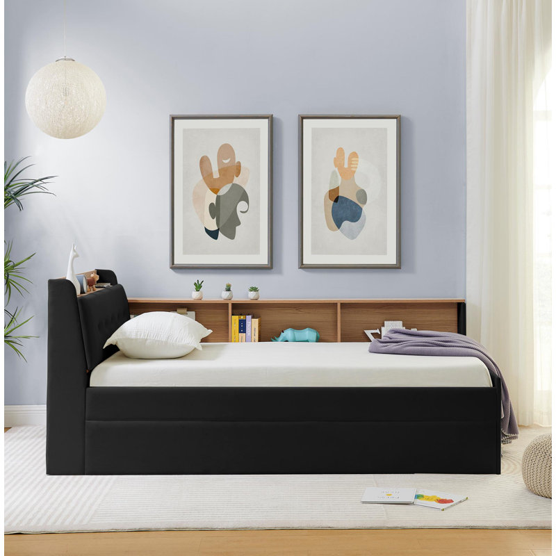 Lit de jour simple à hauteur ajustable en velours avec tête de lit à rangement et chargement sans fil, lit de jour multifonctionnel avec lit gigogne et lumières DEL, noir