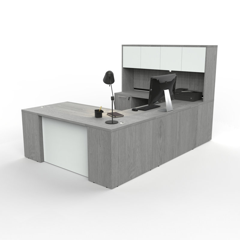 City View Executive U-Shape Straight Front Office Desk with Storage and Frosted Glass Accents, Grey Oak