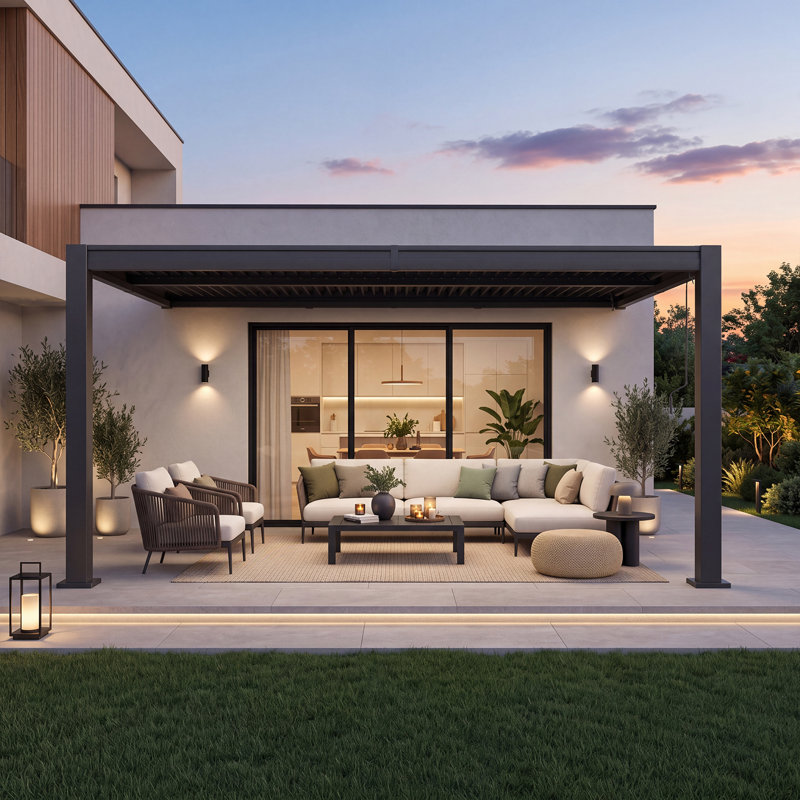 Pergola murale à lames orientables de 4,88 m x 3,05 m avec toit en aluminium réglable, gazebo adossé d'extérieur avec système de gouttières intégré, noir anthracite