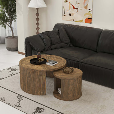 Round Nesting Coffee Table Set Of 2 Modern Low Tables, 31.5" Big 18" Small Stacking Side Table With Wood Top, Minimalist Center Table For Living Room Bedroom Small Space