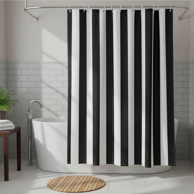Waterproof Striped Polyester Shower Curtain For Modern Bathrooms, Black/White
