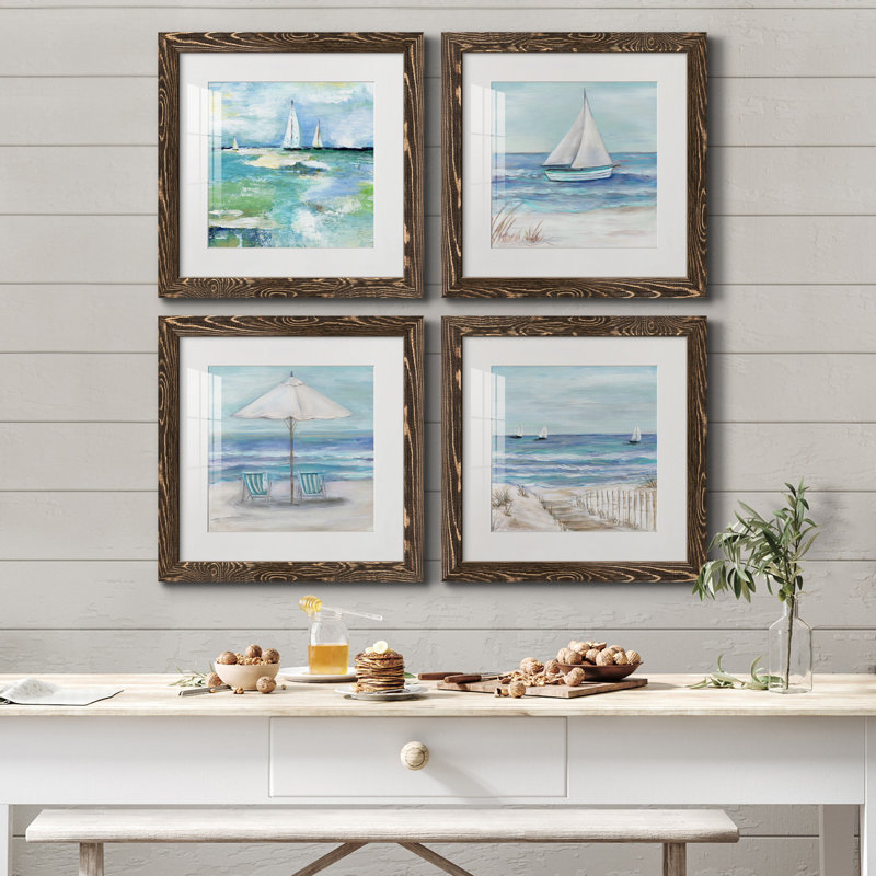 Jour sur le lac - Ensemble de 4 peintures sur toile encadrées, Blanc encadré, H 17 po x l 34 po x P 1,5 po