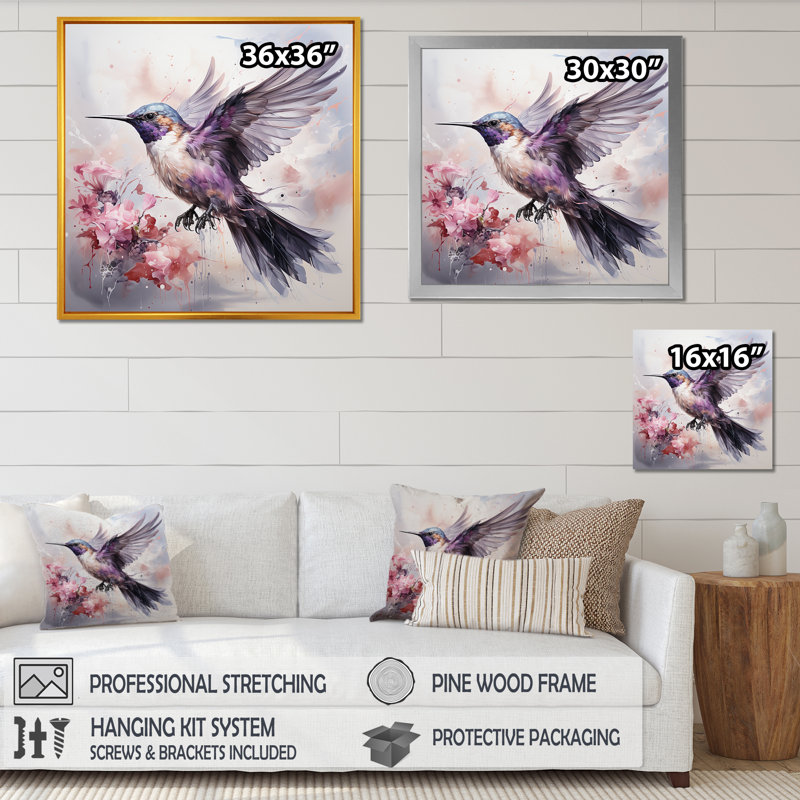 Colibri gris flottant Blooms III - Colibri, art mural animal, Cadre flottant noir, H 30 po x l 30 po x P 1,5 po