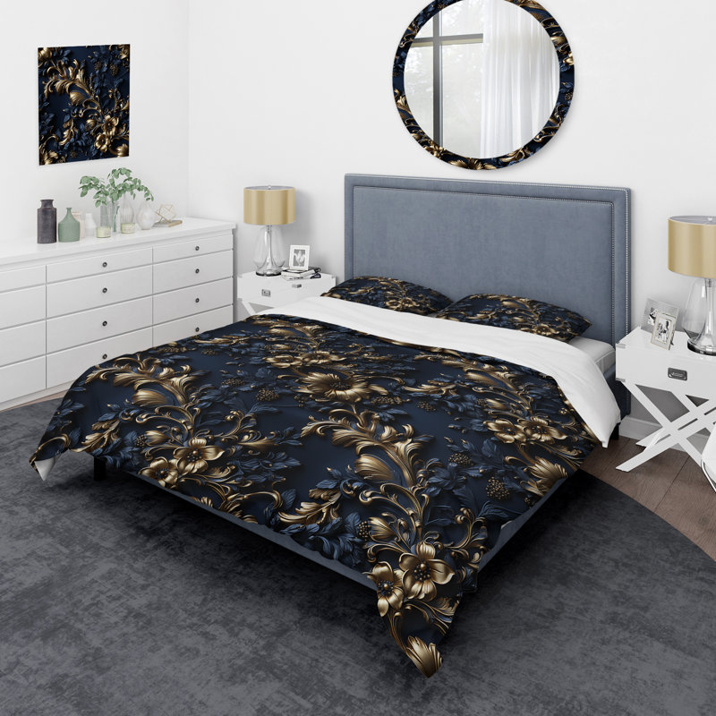 Cobalt Blue Gilded Frames Victorian Pattern Floral Duvet Cover, King Duvet Cover + 2 King Shams
