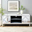 Meuble télé avec miroir intégré pour téléviseur de plus de 65 pouces, console argentée avec rangement ouvert et 2 étagères, meuble télé moderne pour salon, gain de place, indispensable