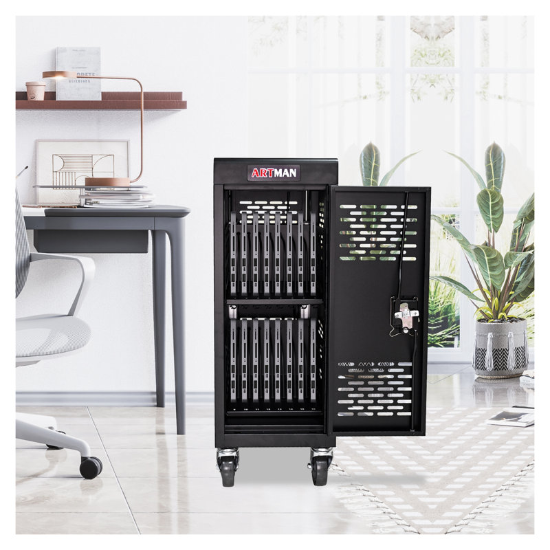 Armoire de chargement verrouillable à 16 compartiments pour ordinateurs portables et Chromebook - Station de charge en acier noir avec rangement pour appareils sécurisés