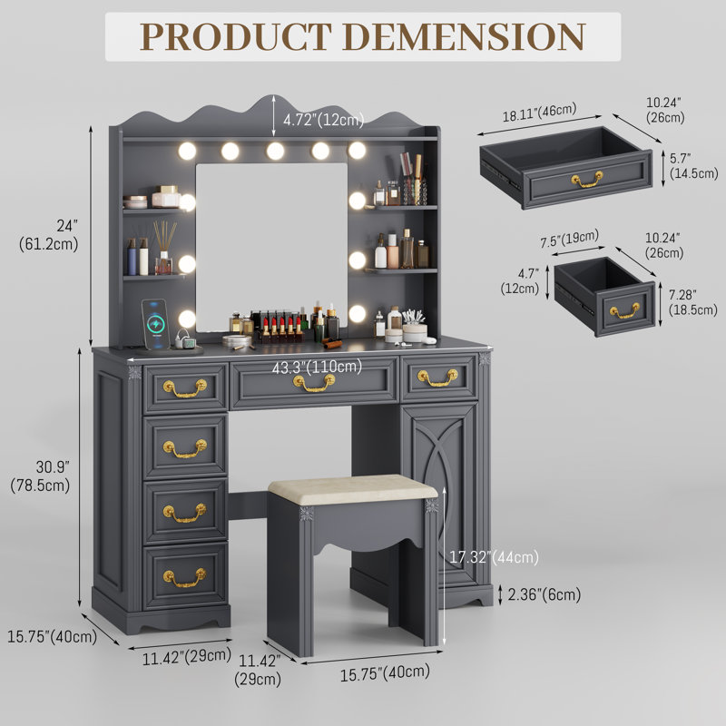 Manufactured Wood Makeup Vanity Set with LED Mirror and Outlets , Gray