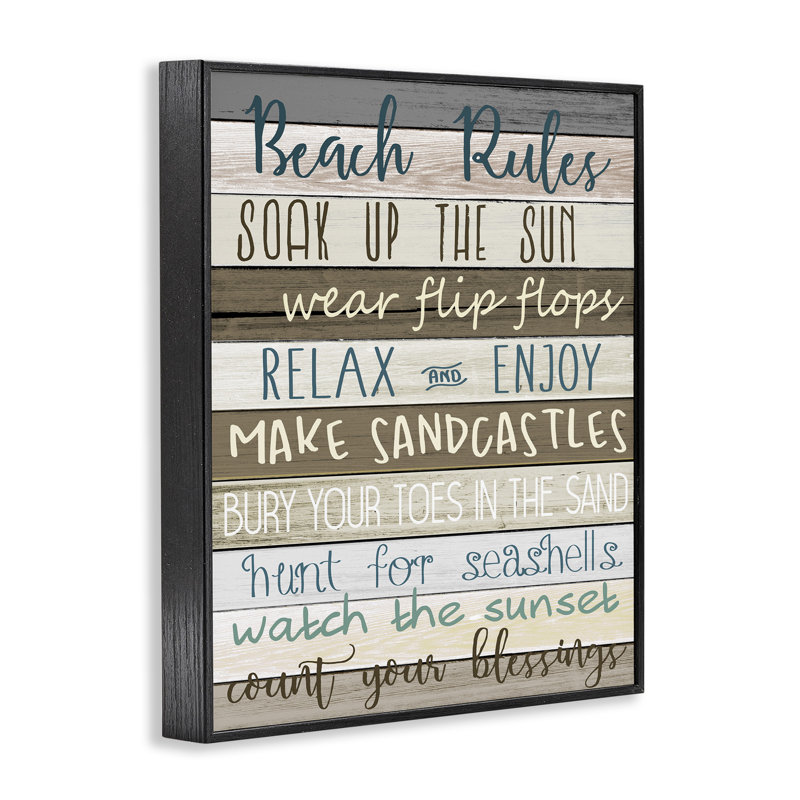 Nautical Fun Beach Rules List Rustic Boardwalk by Kim Allen - Textual Art Print, Black Framed, 30" H x 24" W x 1.5" D