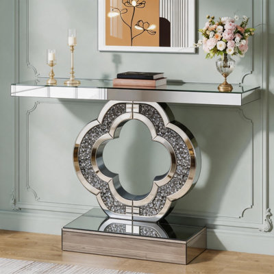 Table console miroir de 43,3 pouces en verre argenté glamour, table d'appoint pour canapé