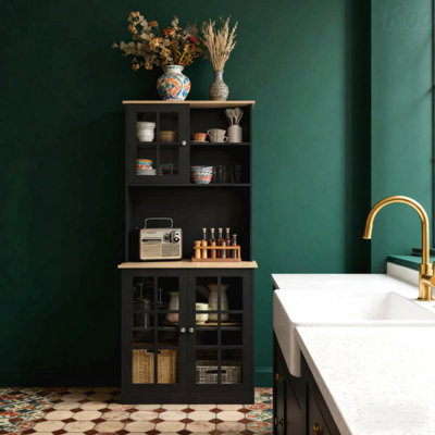 Armoire autoportante, armoire de rangement pour garde-manger, grand comptoir, portes en verre et tablettes réglables pour la salle à manger